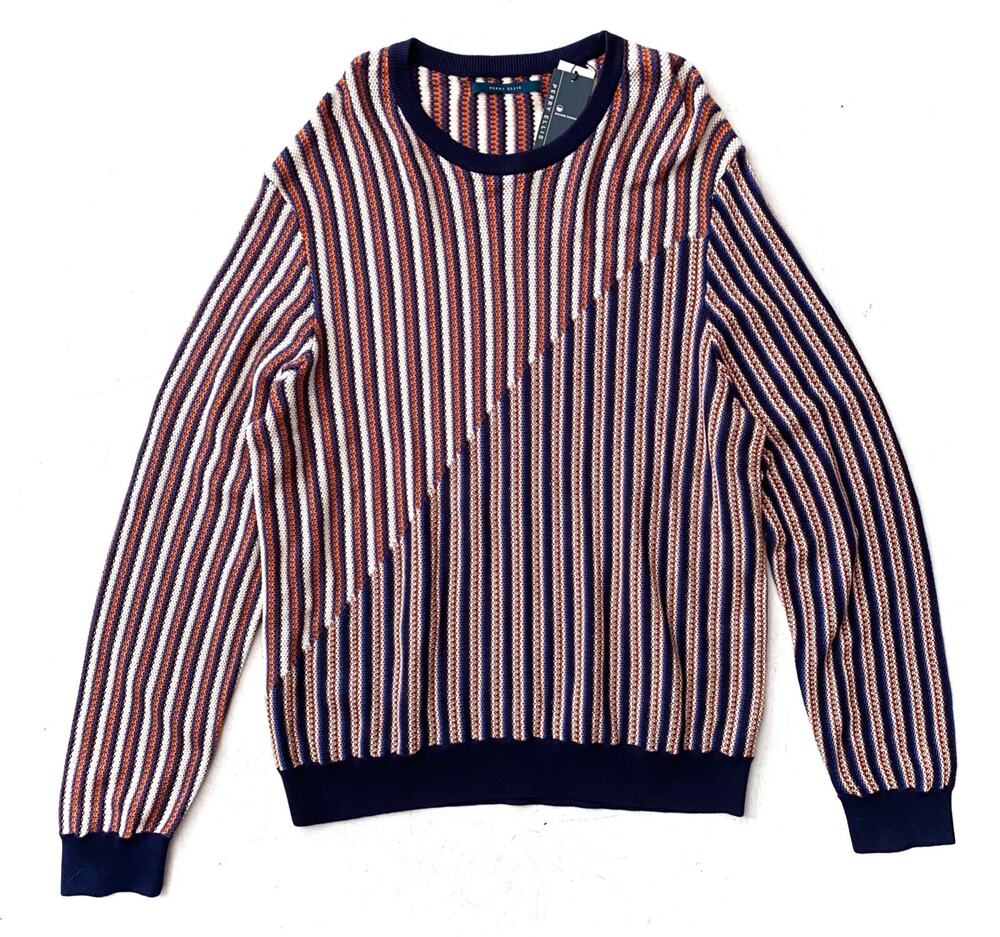 Perry Ellis Sweater Long Sleeve Diagonal Stirpe Woven Knit 100% Cotton XXL